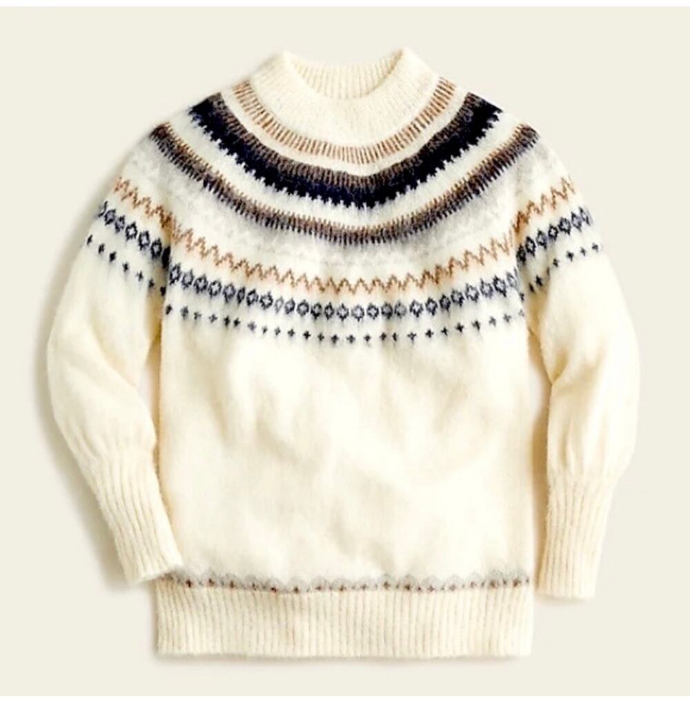 J.Crew Sweater Womens Large Cream Fair Isle Yoke Puff Sleeve Alpaca Wool Blend